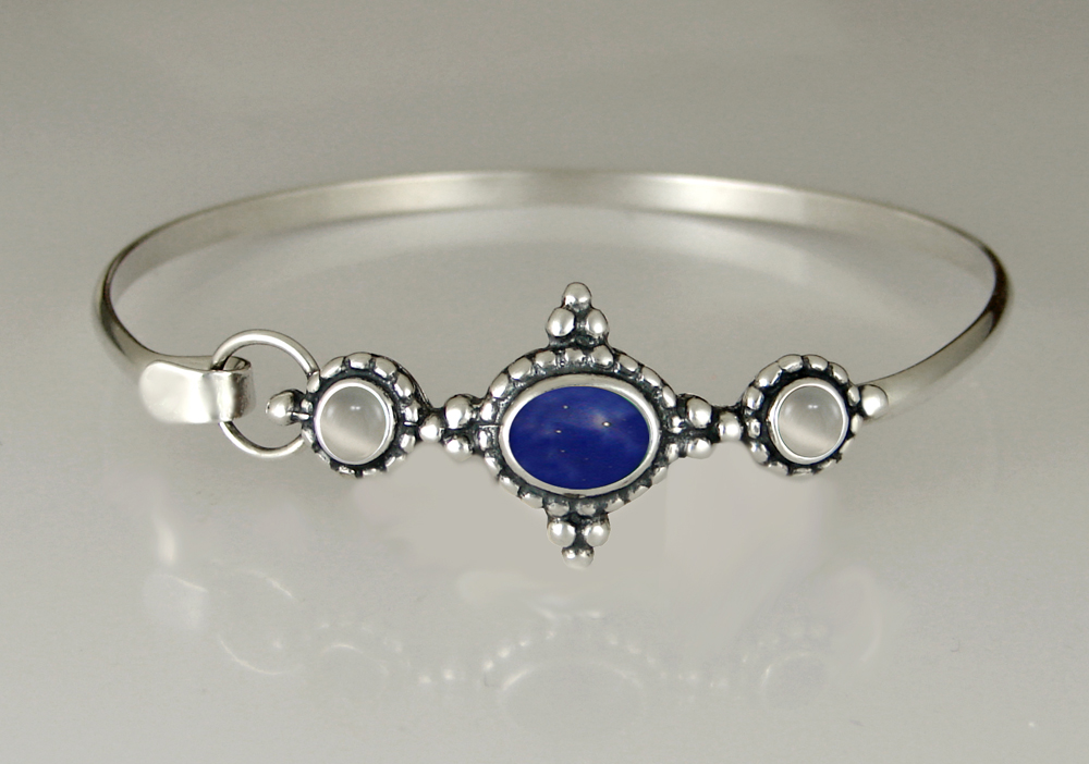 Sterling Silver Strap Latch Spring Hook Bangle Bracelet With Lapis Lazuli And White Moonstone